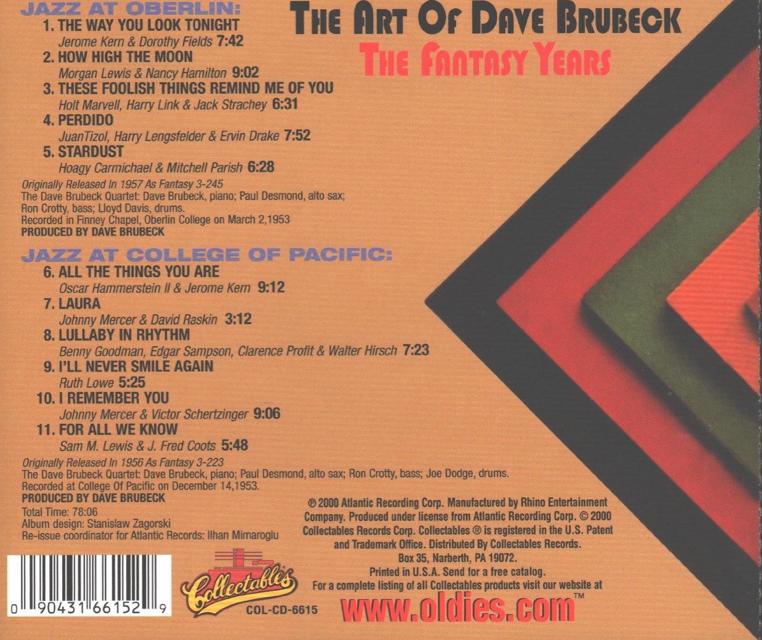 The Art of Dave Brubeck: The Fantasy Years  - CD cover back 