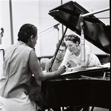 Carmen McRae, Dave, Iola recording The Real Ambassadors