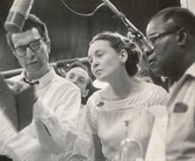 Dave, Iola and Louis Armstong preparing for the 'The Real Ambassadors' concert performance. 