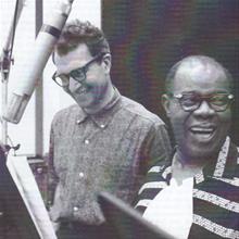 Dave Brubeck and Louis Armstrong during recording session for 'Real Ambassadors'.