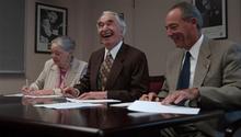 Iola and Dave with UOP President Daniel deRosa, signing archive material to UOP, 2001