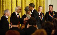 President Barack Obama congratulating Kennedy Award winners, at The White House reception.